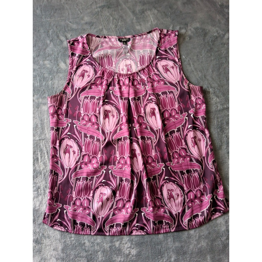 Talbots Women Plum Pink Floral Silk Blend Sleeveless Pleated Scoop Neck Blouse 6